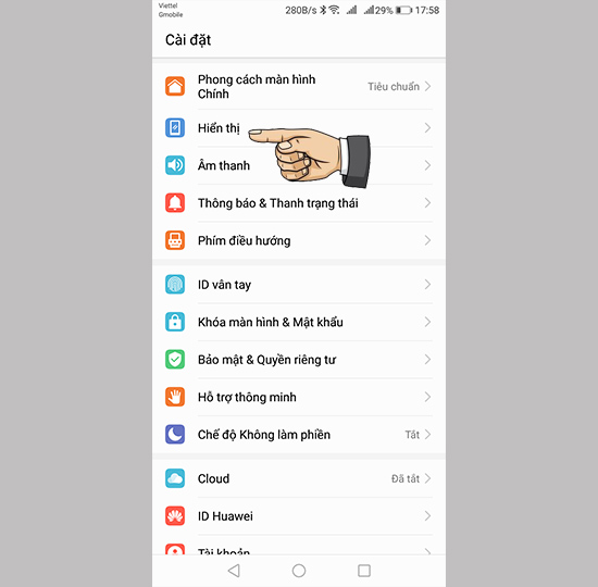 Vào cài đặt hiển thị